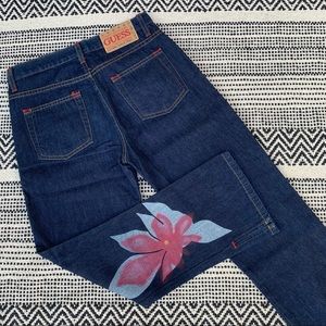 Guess Women's Straight Leg Jeans with Pink Floral Accent - Dark Blue Denim